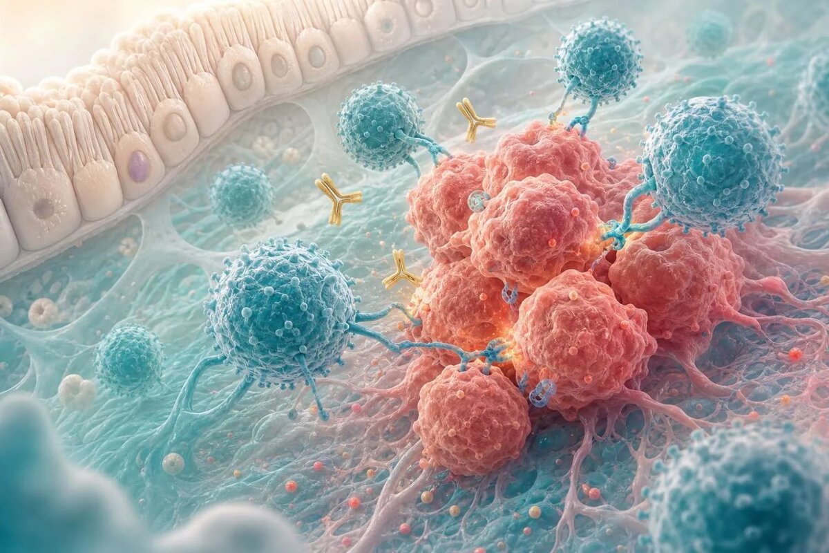    CD8 T-клетки накапливаются в опухолевой среде кишечника; в сочетании с ингибиторами иммунных контрольных точек они подавляют рост опухоли