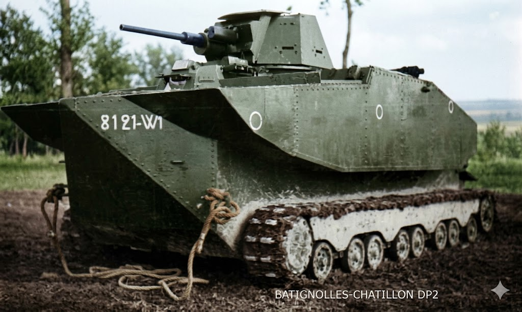 Лёгкий танк-амфибия Batignolles-Châtillon DP2 собственной персоной. Фотография находится в свободном доступе, раскрашена при помощи нейросети.
