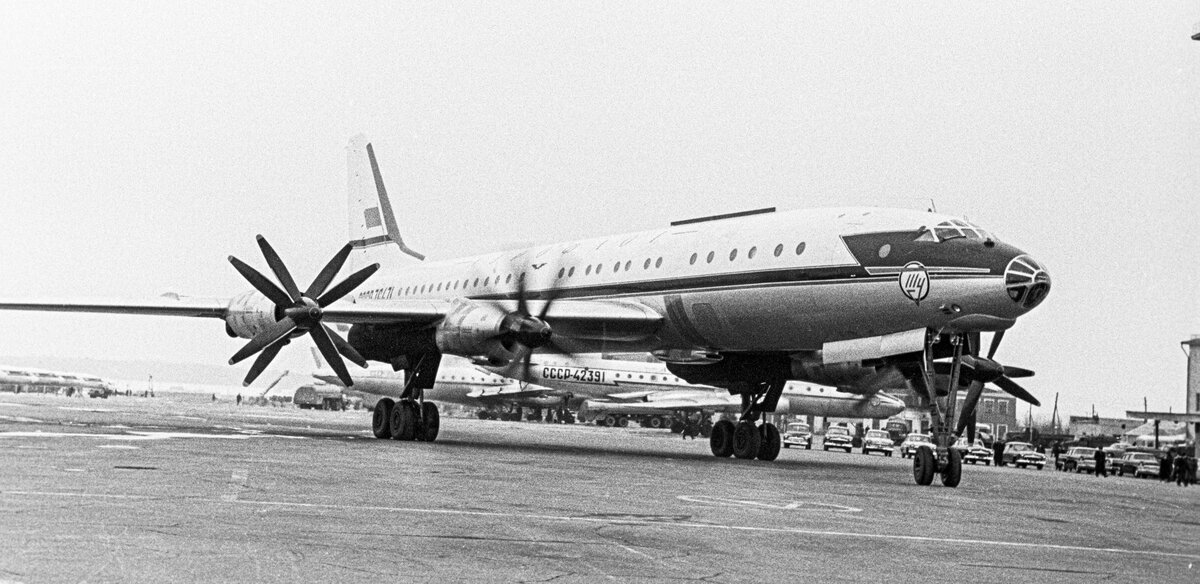1961. Турбовинтовой пассажирский самолет Ту-114 в московском аэропорту Внуково. Фото: Б. Вдовенко/ РИА Новости