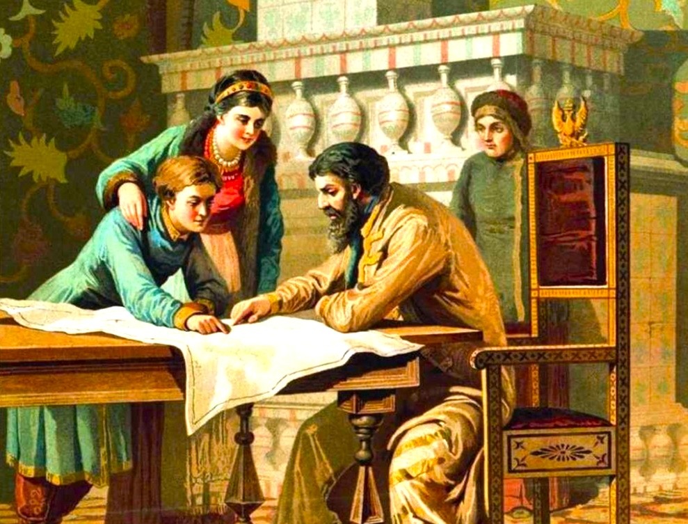 Борис Годунов со своими детьми. В качестве исходного изображения взята репродукция картины А. Кившенко (до 1895 года).