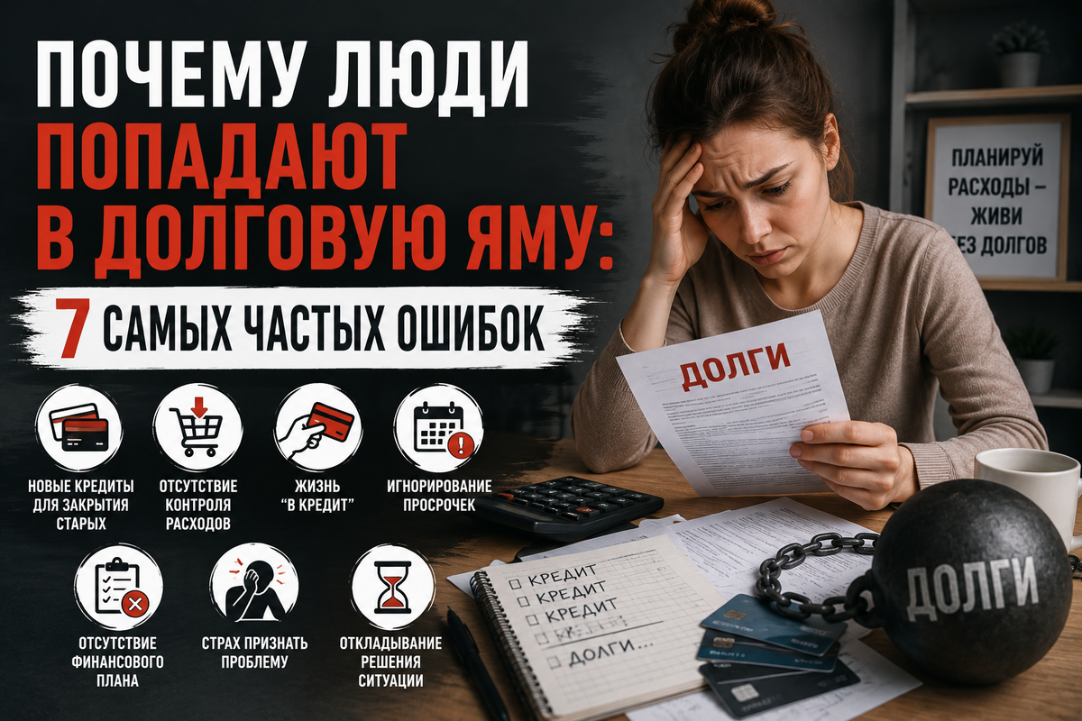 Долговая яма — это не внезапная ситуация, а результат повторяющихся финансовых ошибок. Чаще всего люди не замечают, как кредиты и долги начинают расти, пока ситуация не становится критической. В этой статье разбираем 7 самых частых ошибок, из-за которых появляются долги и финансовые трудности, и почему жители Краснодара всё чаще сталкиваются с кредитной нагрузкой. Кредиты, долги, финансовые ошибки, долговая яма — простым языком о причинах и последствиях.