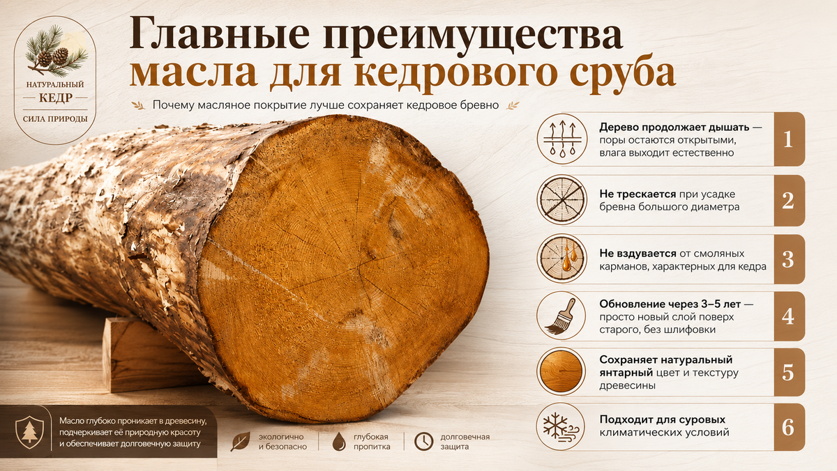 Главные преимущества масла для кедрового сруба / Инфографика