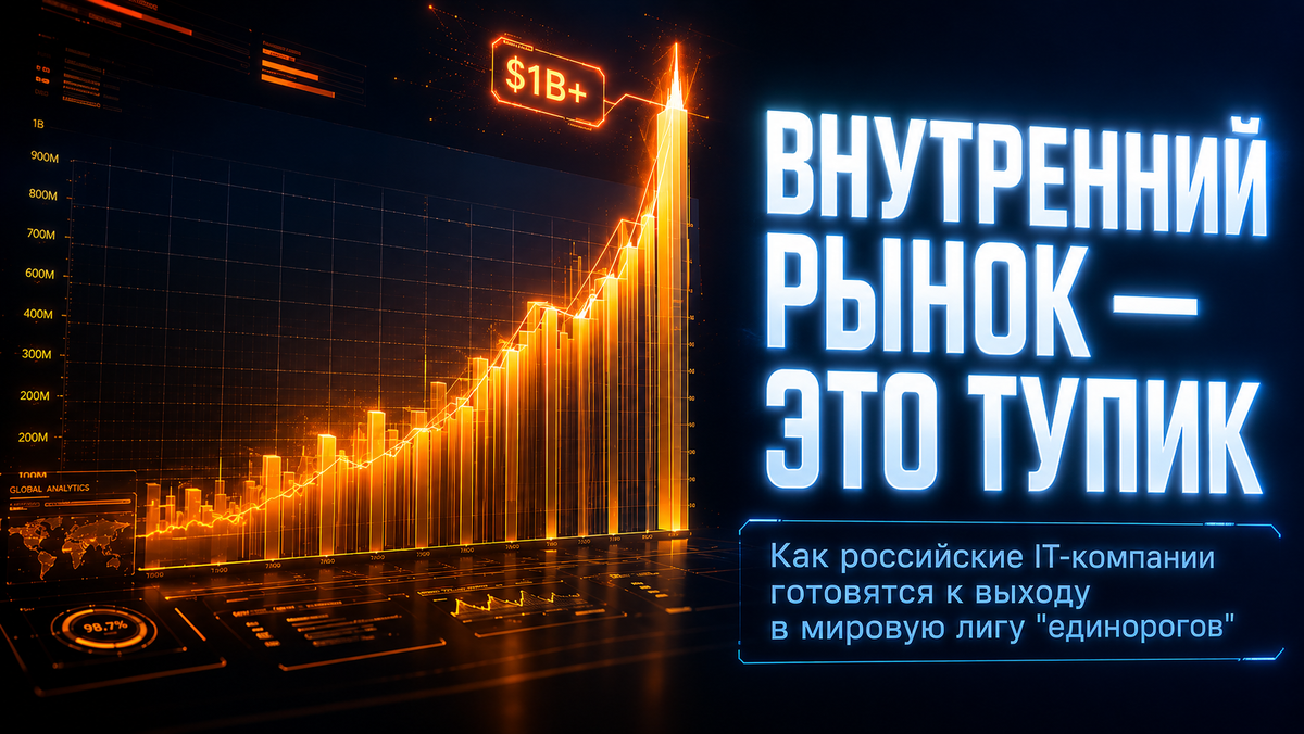 Трехмерный цифровой интерфейс с резко растущим графиком и отметкой в миллиард долларов, символизирующий выход российских IT-компаний в мировую лигу единорогов.