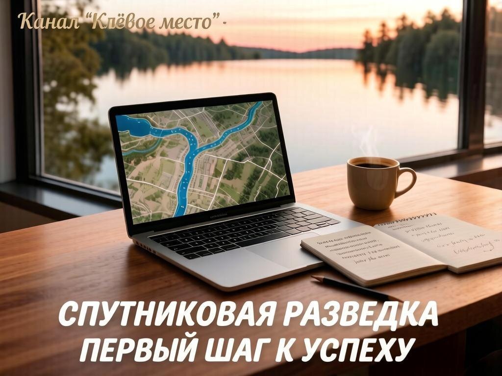 Спутниковая карта водоёма на экране ноутбука с пометками рыболова