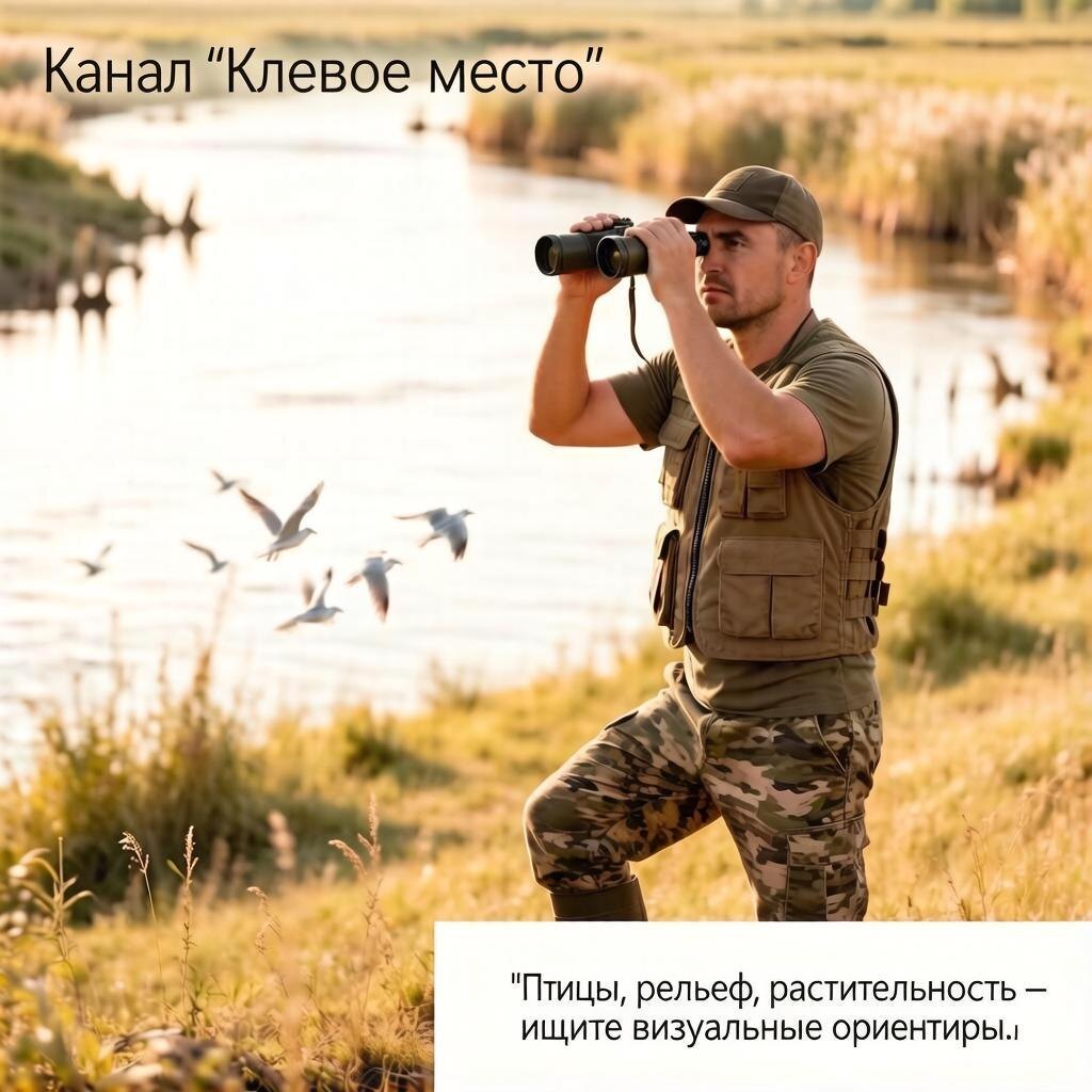 Рыболов с биноклем сканирует водоём — визуальные маркеры чайки над водой, камыш, затопленные деревья.