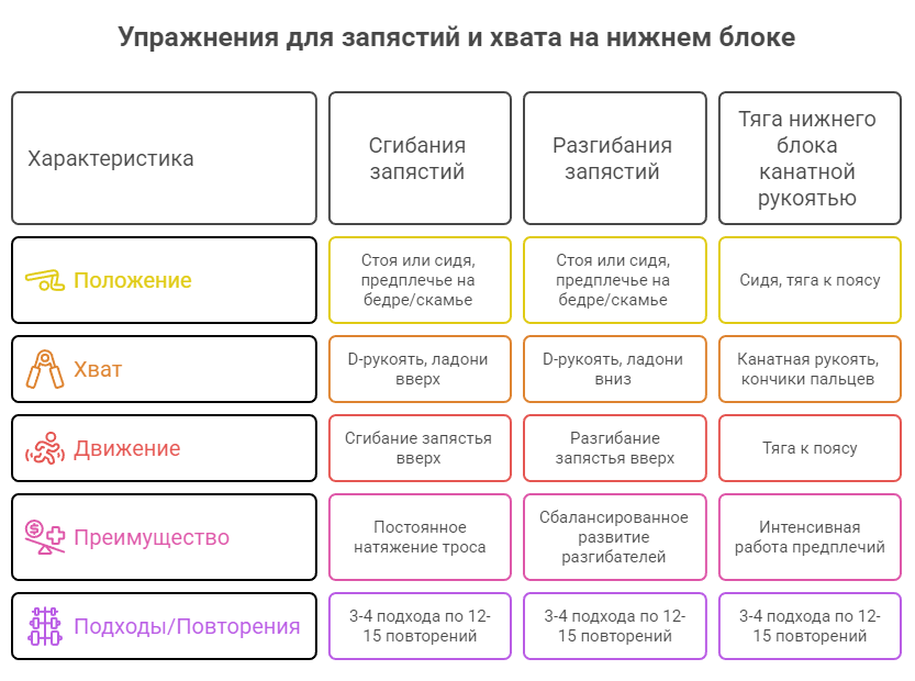 Инфографика - упражнения для запястий и хвата на нижнем блоке блочной рамы