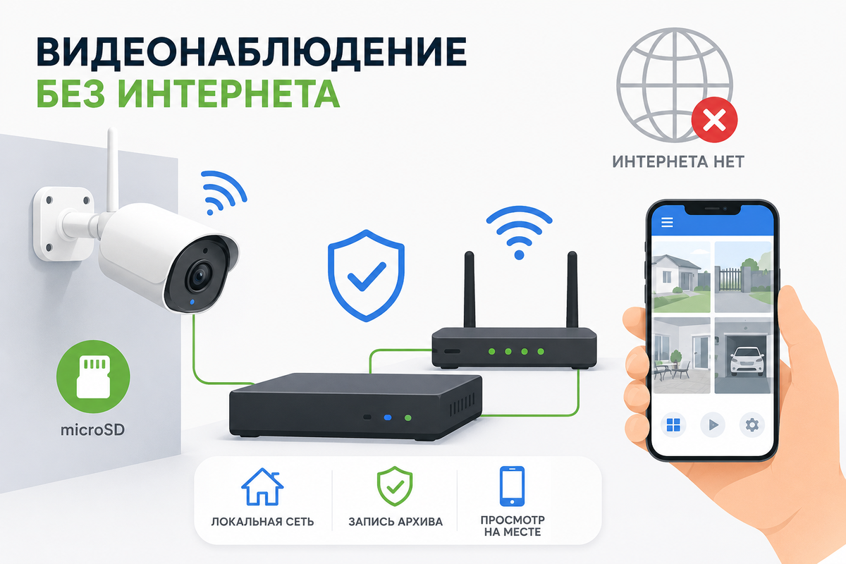 Работа камер видеонаблюдения без интернета через локальную сеть Wi-Fi, карту памяти microSD или видеорегистратор.
