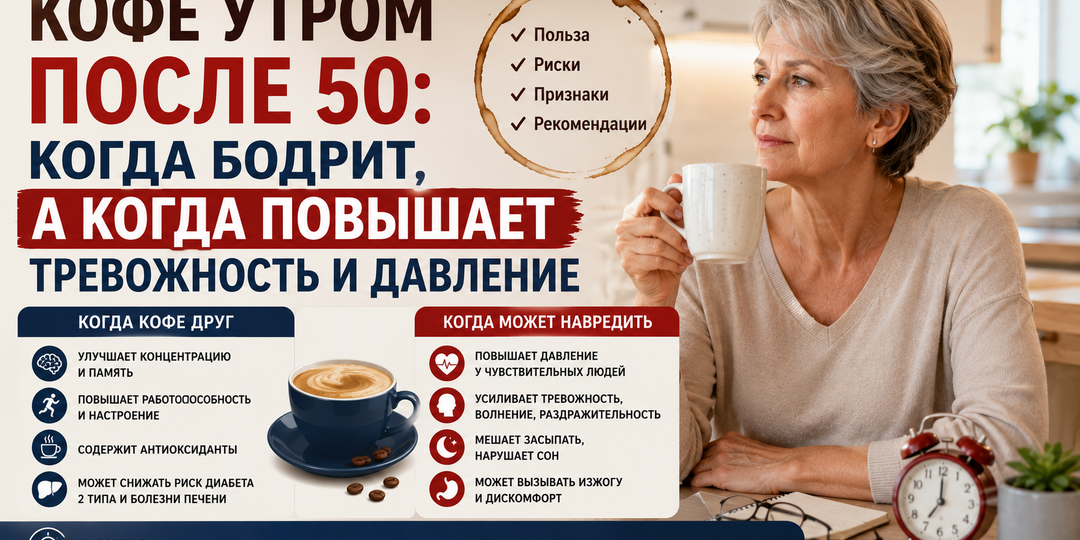 Кофе утром после 50: когда бодрит, а когда повышает тревожность и давление?