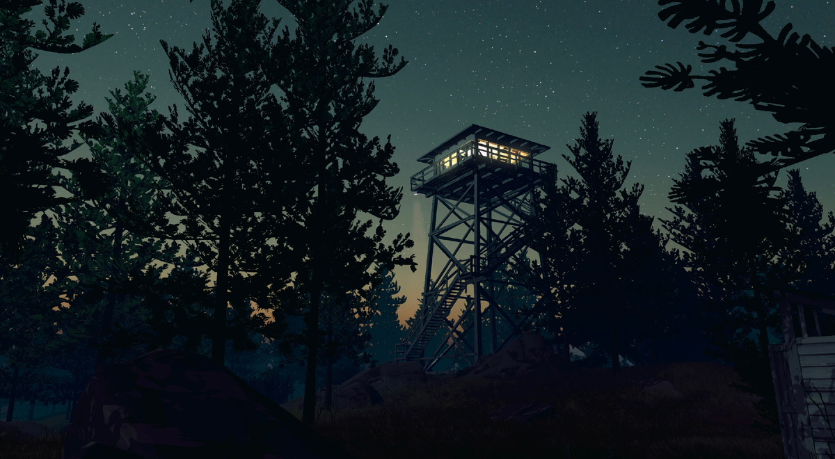 Firewatch — вышка наблюдателя на закате.