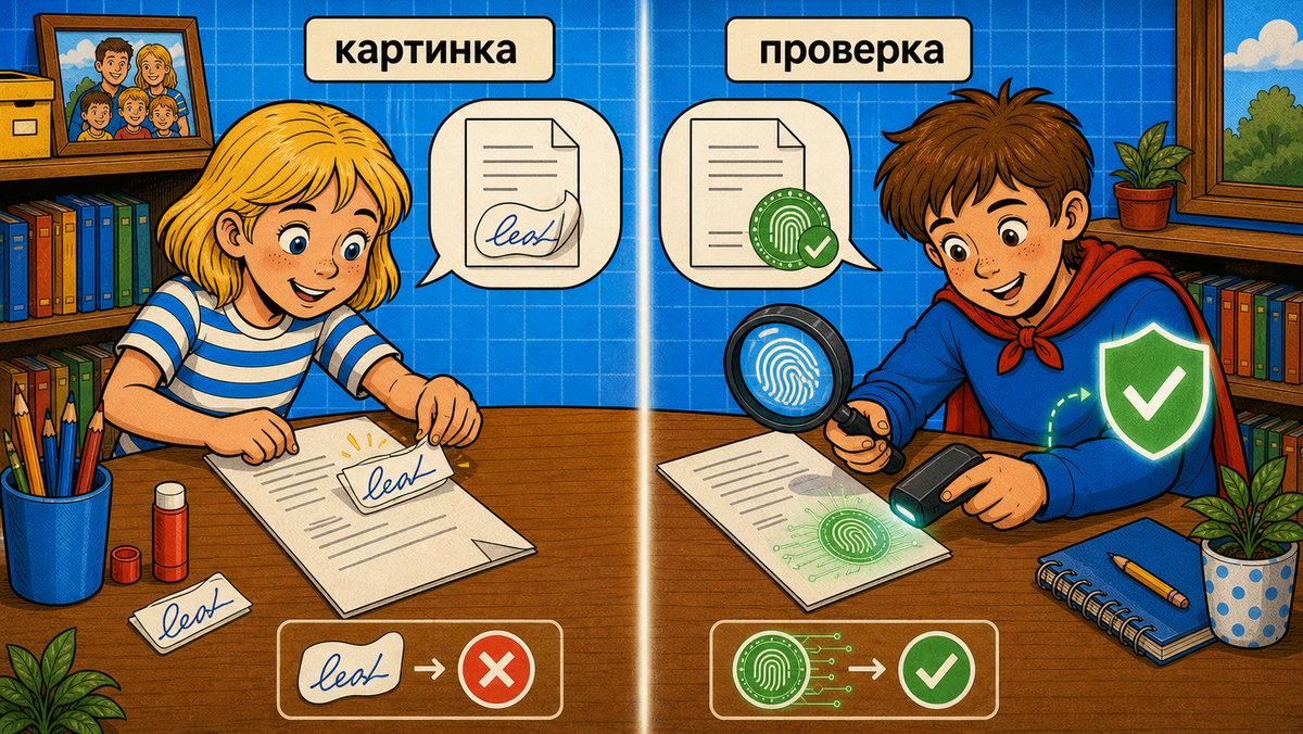 Нарисованная подпись выглядит знакомо, но цифровая подпись работает не глазами, а проверкой.