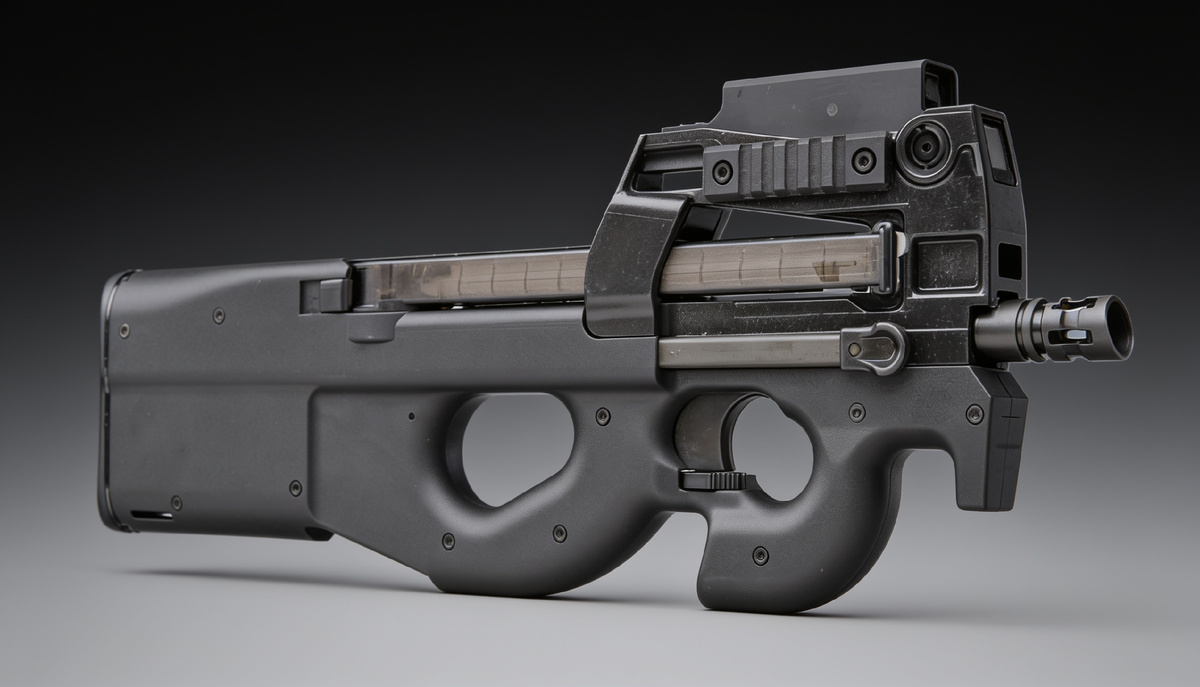 FN P90 — компактный буллпап с верхним прозрачным магазином и встроенной оптикой.