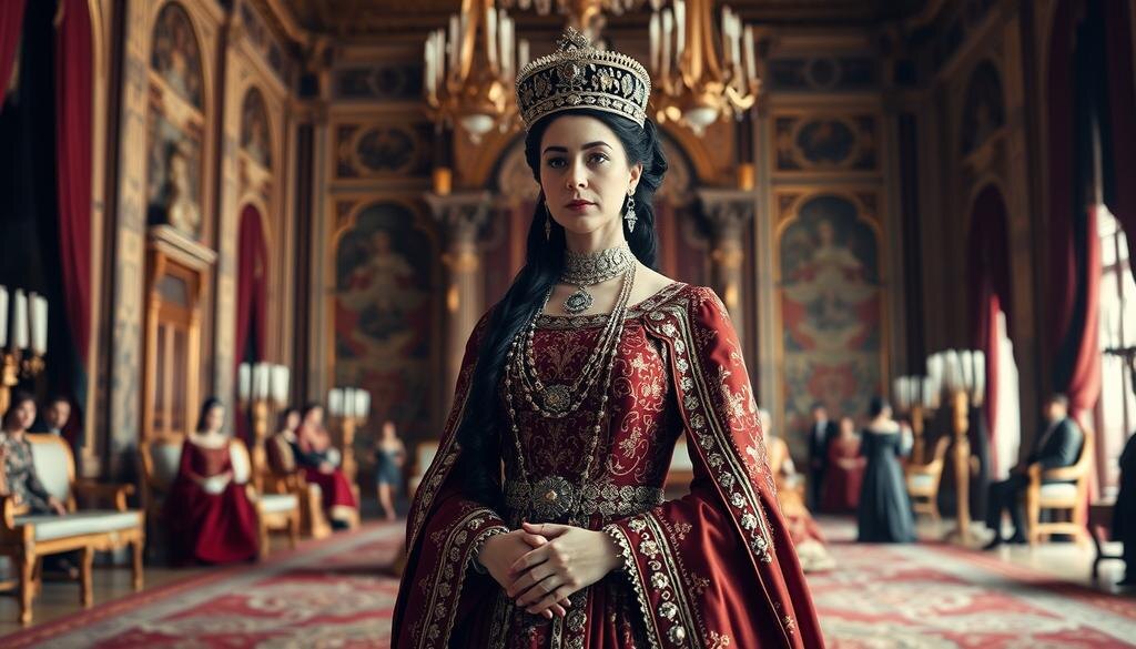    Изображение красивой исторической сцены Кёсем Султан в роскошном дворце, подчеркивающее её власть и влияние.