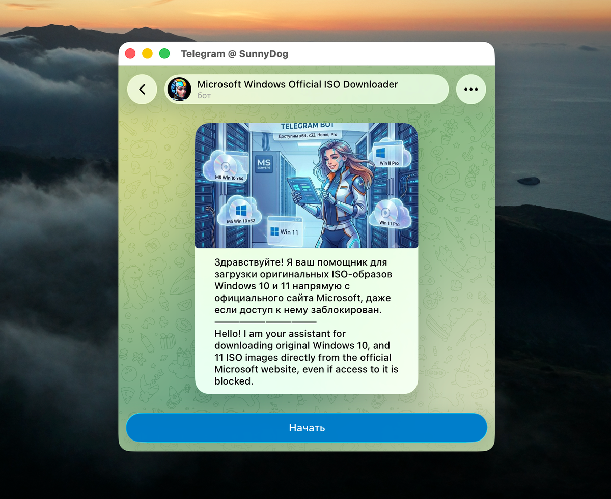Главное меню бота в Telegram с приветственным сообщением и кнопками выбора Windows 10 / Windows 11 / Дзен.Уловка-32