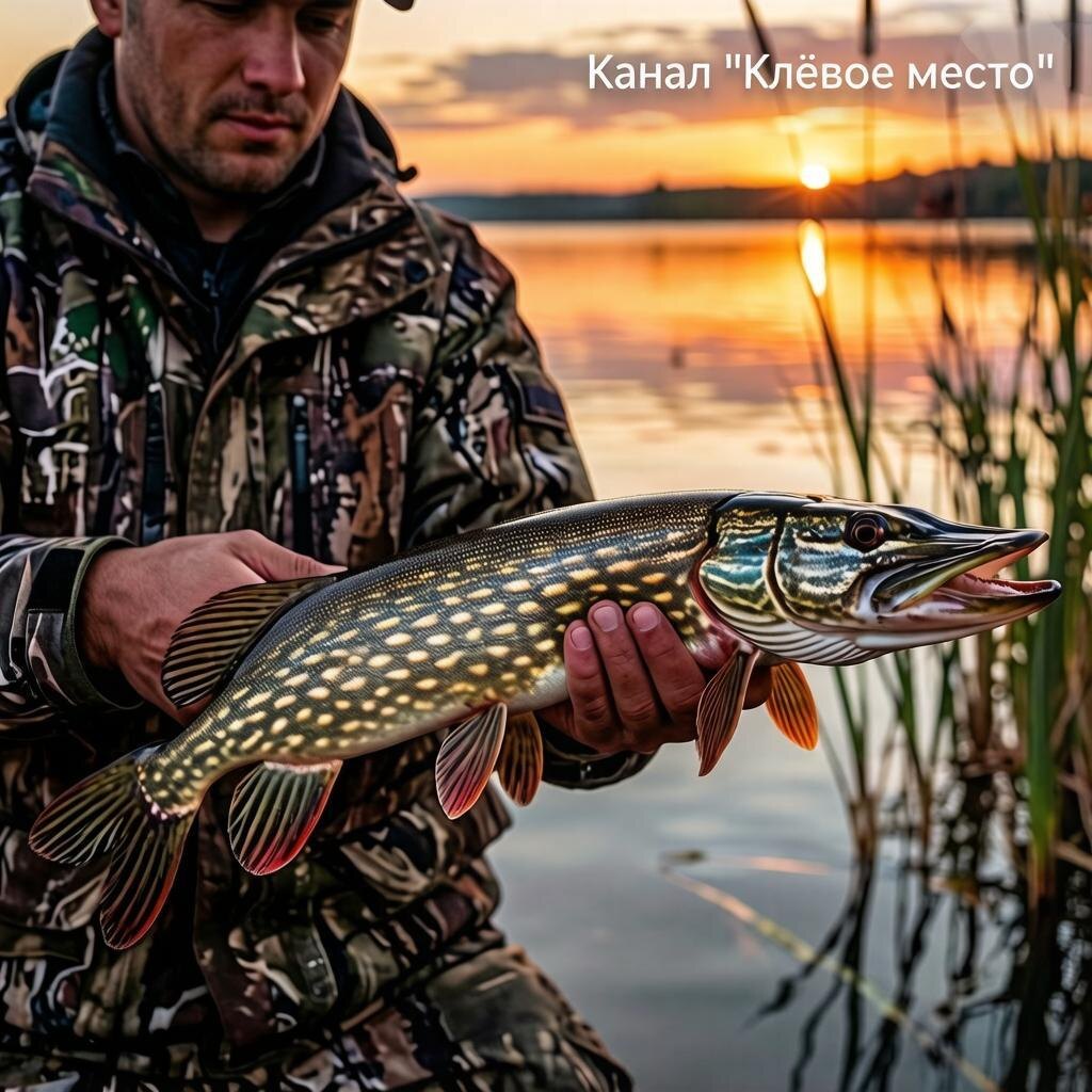 Крупная щука в руках рыболова на фоне закатного озера