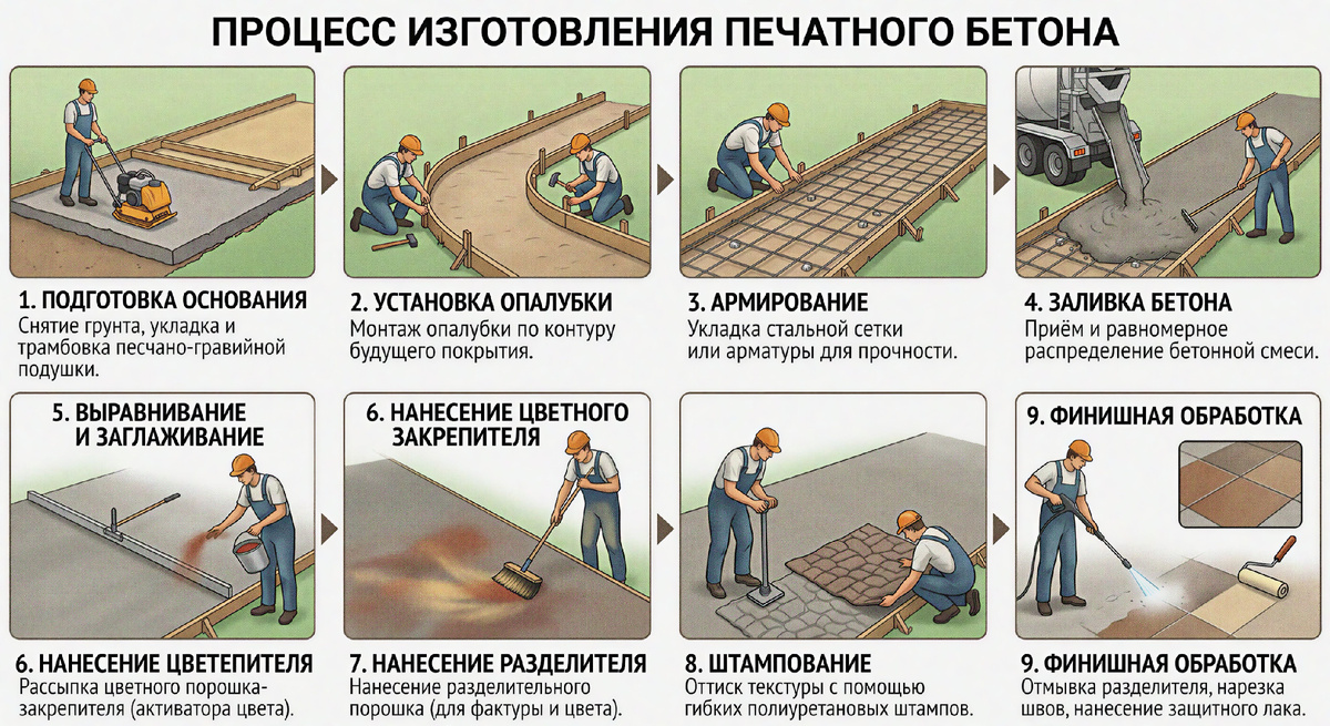Поэтапный процесс создания садовой дорожки из печатного бетона