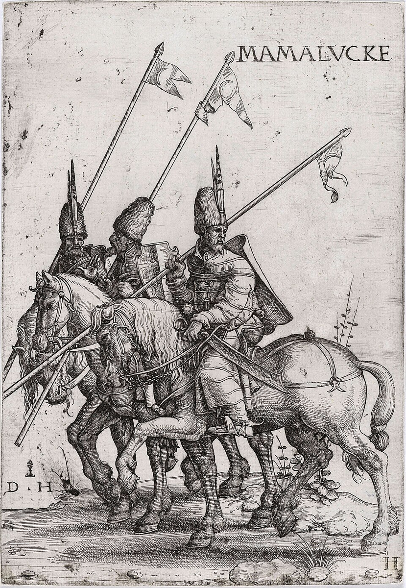 Османские мамлюкские копейщики, начало XVI века. Офорт Даниэля Хопфера (ок. 1526–1536), Британский музей, Лондон
