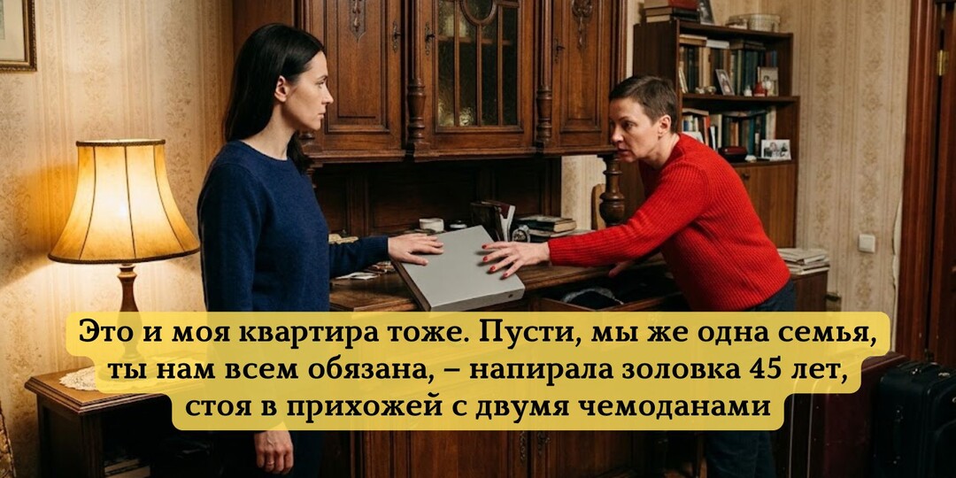 Это и моя квартира тоже. Пусти, мы же одна семья, ты нам всем обязана, – напирала золовка 45 лет, стоя в прихожей с двумя чемоданами