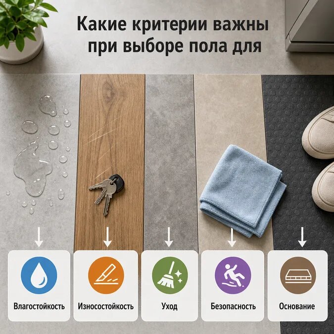Инфографика с критериями выбора напольного покрытия для кухни: влагостойкость, износостойкость, уход, безопасность и основание.