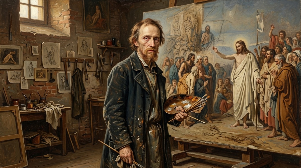 Александр Иванов в римской мастерской перед своим гигантским холстом.