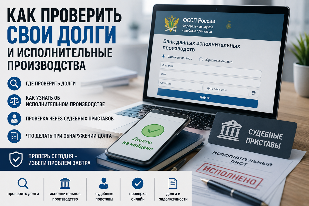 Как проверить долги и исполнительные производства — важный вопрос для тех, кто столкнулся с кредитами и финансовыми трудностями. На обложке показано, как можно проверить задолженность через официальный сервис судебных приставов: онлайн через компьютер или смартфон. В статье разбирается, где проверить долги, как узнать о наличии исполнительного производства и как действуют судебные приставы при взыскании задолженности. Проверить долги, исполнительное производство, судебные приставы — простое объяснение сложной процедуры.