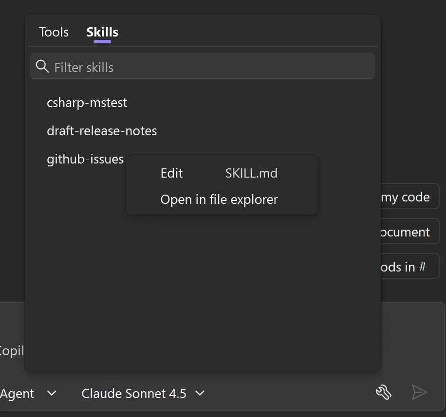 Изображение: Microsoft. Новая панель поиска и управления навыками "умных агентов" в "Visual Studio 2026".