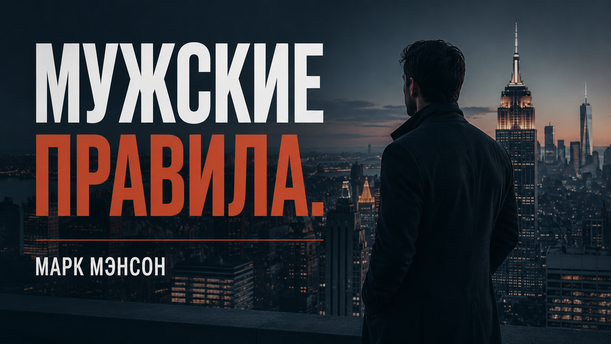 Мужчина в деловом костюме стоит на крыше небоскрёба, смотрит на ночной город, свет фар внизу, надпись «Мужские правила. Марк Мэнсон», крупный шрифт, минималистичный дизайн.