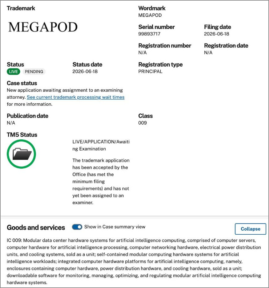 Заявка на товарный знак MEGAPOD