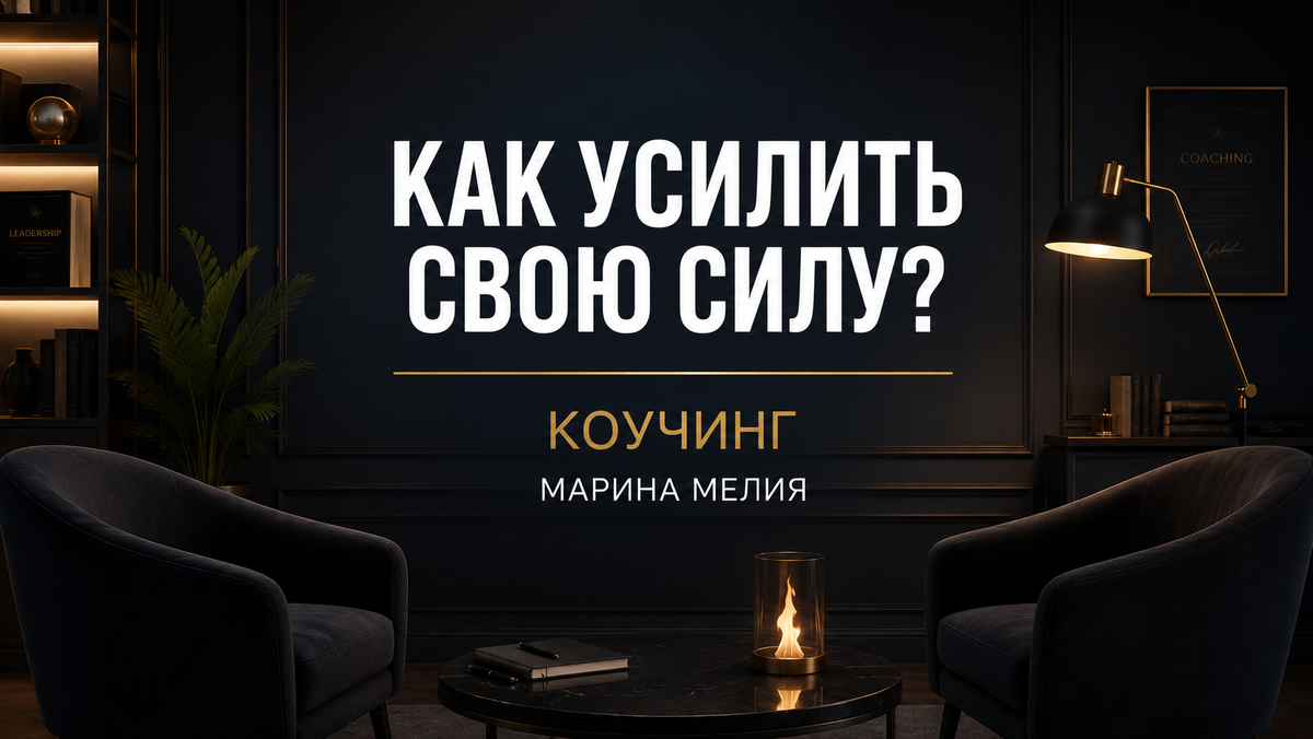 Интерьер кабинета с двумя кожаными креслами, лампа на столе, золотой свет, надпись «Как усилить свою силу? Коучинг. Марина Мелия», строгий шрифт, минимализм.
