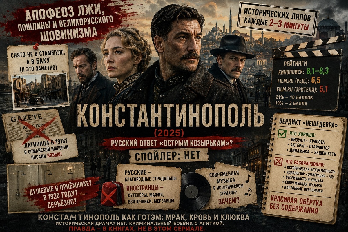 Иллюстрация к обзору сериала «Константинополь» (2025): красивая визуальная оболочка, исторические неточности, спорный идеологический посыл и сравнения с «Острыми козырьками», которые, по мнению критиков, оказались не в пользу проекта.