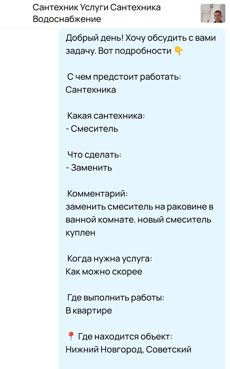 Скрин запроса услуги на Авито