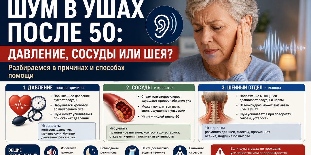 Шум в ушах после 50: давление, сосуды или шея?