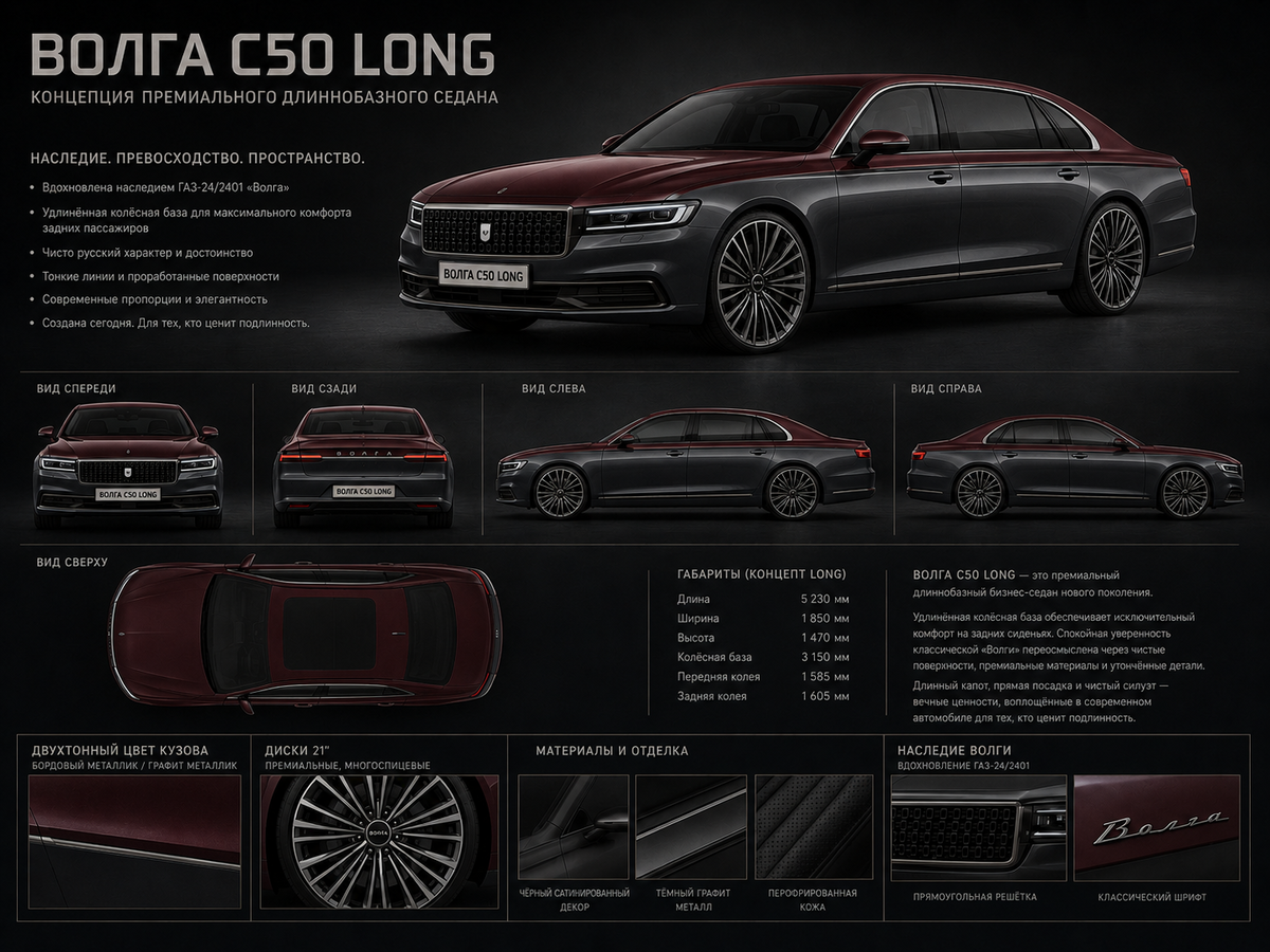 Volga C50 Long: удлинённая версия с двухцветным кузовом, графитовым низом, бордовым металликом сверху и новыми 21-дюймовыми дисками.