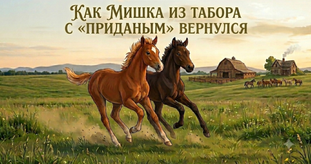          Мишка — наш рыжий ураган. Ласковый, как котёнок, преданный, как собака, он стал для нас настоящим другом. Но когда он приглянулся цыгану  дяде Коле, тот настоял: «В нашем таборе ему самое место — характер, стать!». Мы лишь посмеивались: Мишка у нас домашний до неприличия, к чужим и близко не подойдёт. Но дядя Коля был настойчив, и наш жеребёнок уехал «посмотреть мир».

      ​Не прошло и трёх дней — звонок. Дядя Коля в панике: «Мишка пропал! Табор на ушах!». Муж слушает, бледнеет, а потом вдруг как захохочет: «Да он к нам идёт, я его знаю!».

​        А на следующий день — ржание за воротами. Выходим — и замираем. Стоит Мишка: бока ходуном, весь в мыле, вид такой, будто он не сбежал, а совершил подвиг века. И не один. Рядом, вцепившись в его бок, как в спасательный круг, жмётся вороной жеребёнок — растерянный, глаза по пятаку, будто сам не понял, как тут оказался.

         ​«Ну вот, — вздыхает муж, — вернулся. И не один. ПРИДАНОЕ притащил»...

​         Оказалось, Мишка не просто сбежал — он решил, что бросать друга нельзя. И повёл его за собой через поля… целых двадцать километров!  Для жеребят это как для нас с тобой пробежать два города подряд. Вороной, видимо, и пикнуть не успел — Мишка его просто «увёл». Да и куда бы он делся: попробуй отстань от этого рыжего урагана — сразу потеряешься!

         ​Мы потом долго смеялись. Особенно когда отмывали эту парочку: Мишка фыркал и норовил укусить губку, а вороной стоял, прикрывая глаза, будто «меня тут нет, я невидимка».

​         Теперь они живут вместе. Мишка всё такой же ураган, а вороной за ним — как приклеенный. Если кто скажет, что в деревне скучно, я просто расскажу эту историю. Потому что настоящая сказка жизни — это когда рыжий упрямец возвращается домой! И не один, а гордо тащит за собой «приданое» туда, где тепло и любовь!