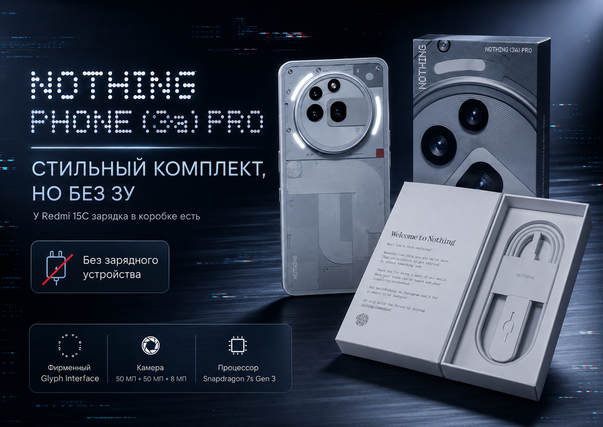     Стилизованная обложка SD-1117: главная особенность комплекта — смартфон и кабель есть, блока питания нет.