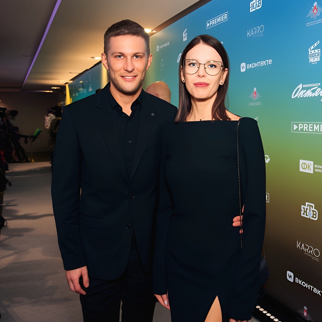 актер Павел Чинарев с женой Аленой Бондарчук на премьере фильма «Однажды в пустыне» в Москве, 2022 г