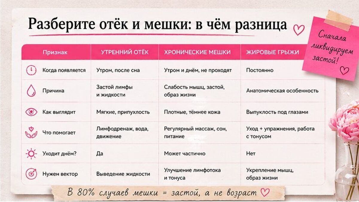 схема-описание, в чем разница между отеками и мешками под глазами