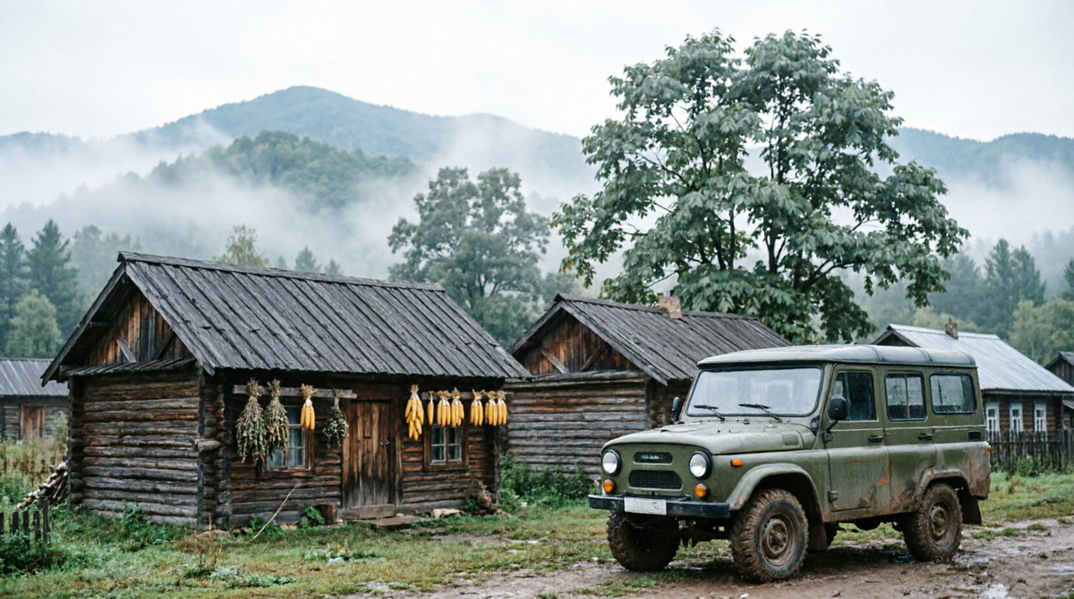Прибытие в село Ореховое.Туманное сентябрьское утро над Уссурийской тайгой. УАЗик экспедиции у деревянных изб, на фоне — предгорья Сихотэ-Алиня, затянутые дымкой, и величественный маньчжурский орех у околицы.