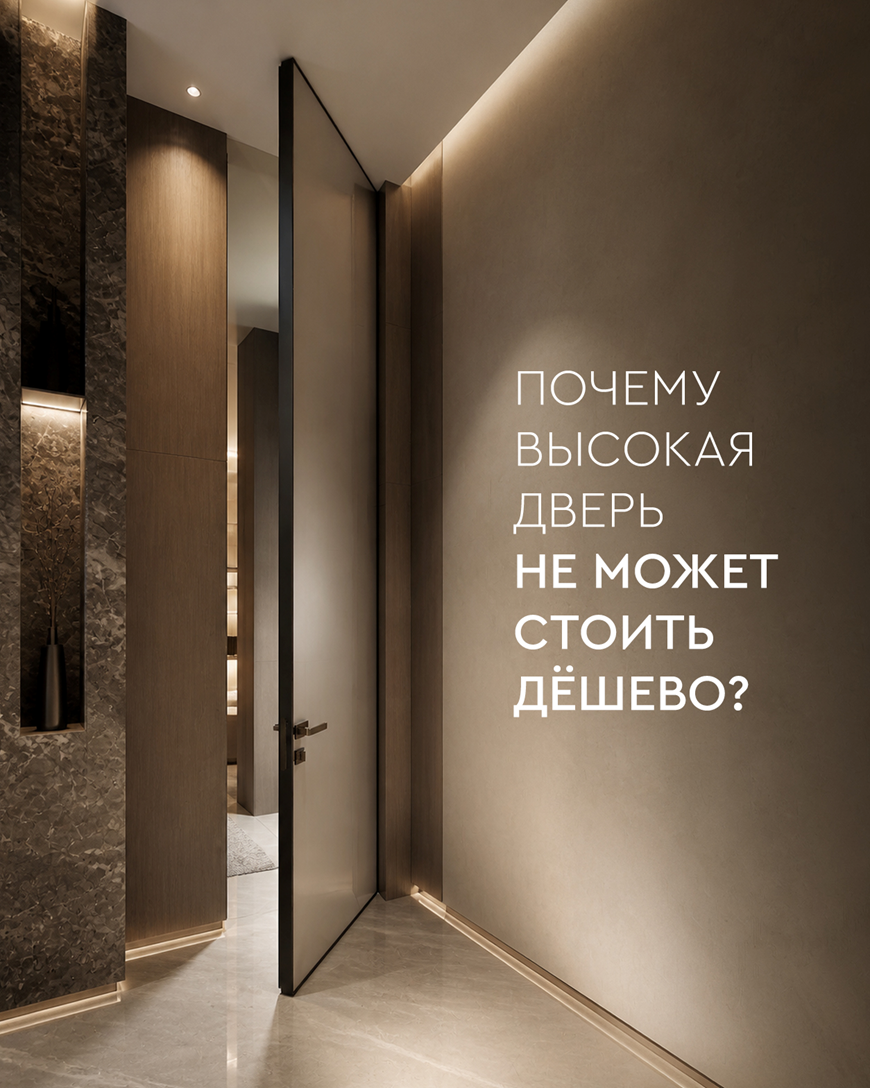 Интерьер с высокой межкомнатной дверью MIKSAL, скрытым коробом и выразительной вертикальной геометрией.