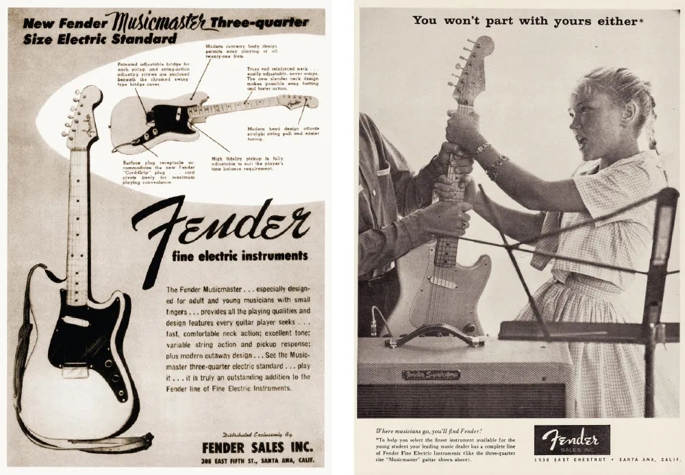 Реклама Fender Musicmaster в 1956 и 1957 году. Фото взято с сайта www.vintageguitar.com