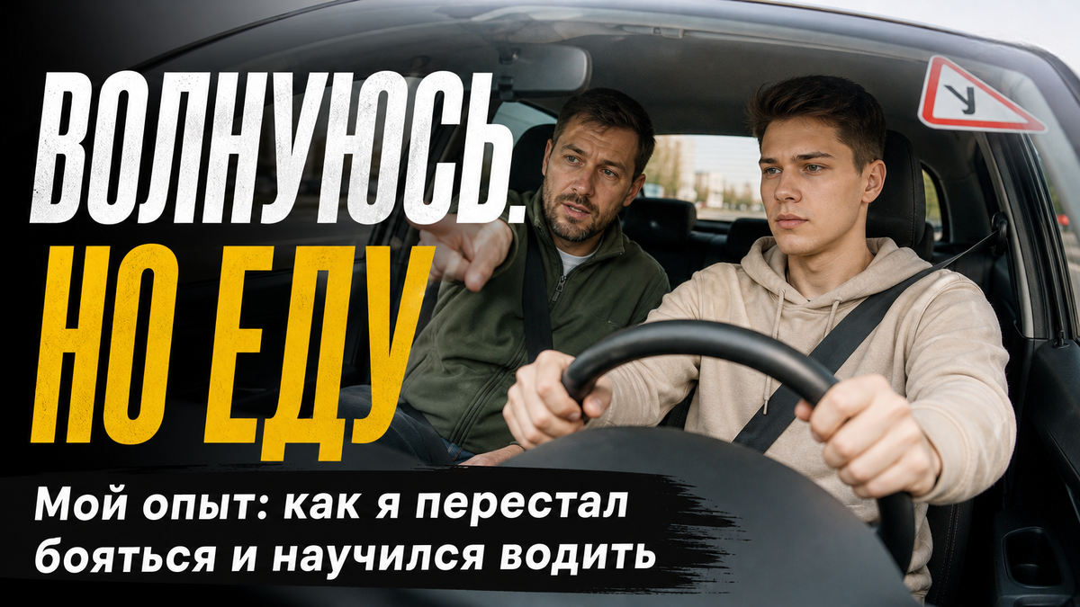 Ученик за рулём учебной машины с инструктором рядом.