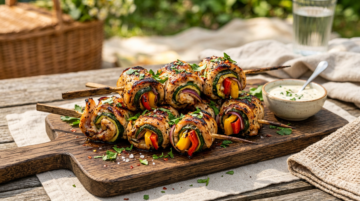 Золотистые куриные рулетики с кабачком и перцем