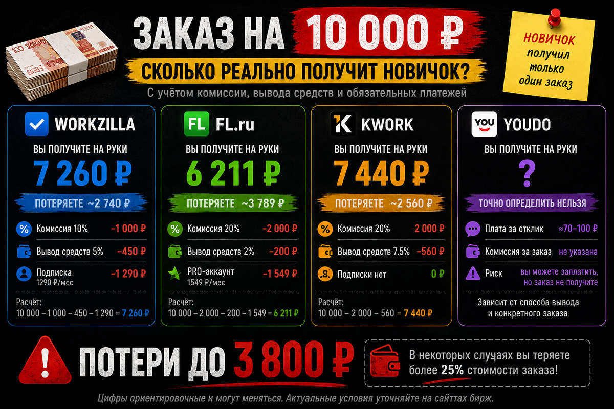 Расчёт выполнен для новичка, который получил только один заказ на 10 000 ₽ и оплатил обязательные комиссии, вывод средств и платные тарифы, если они требуются для доступа к заказам.