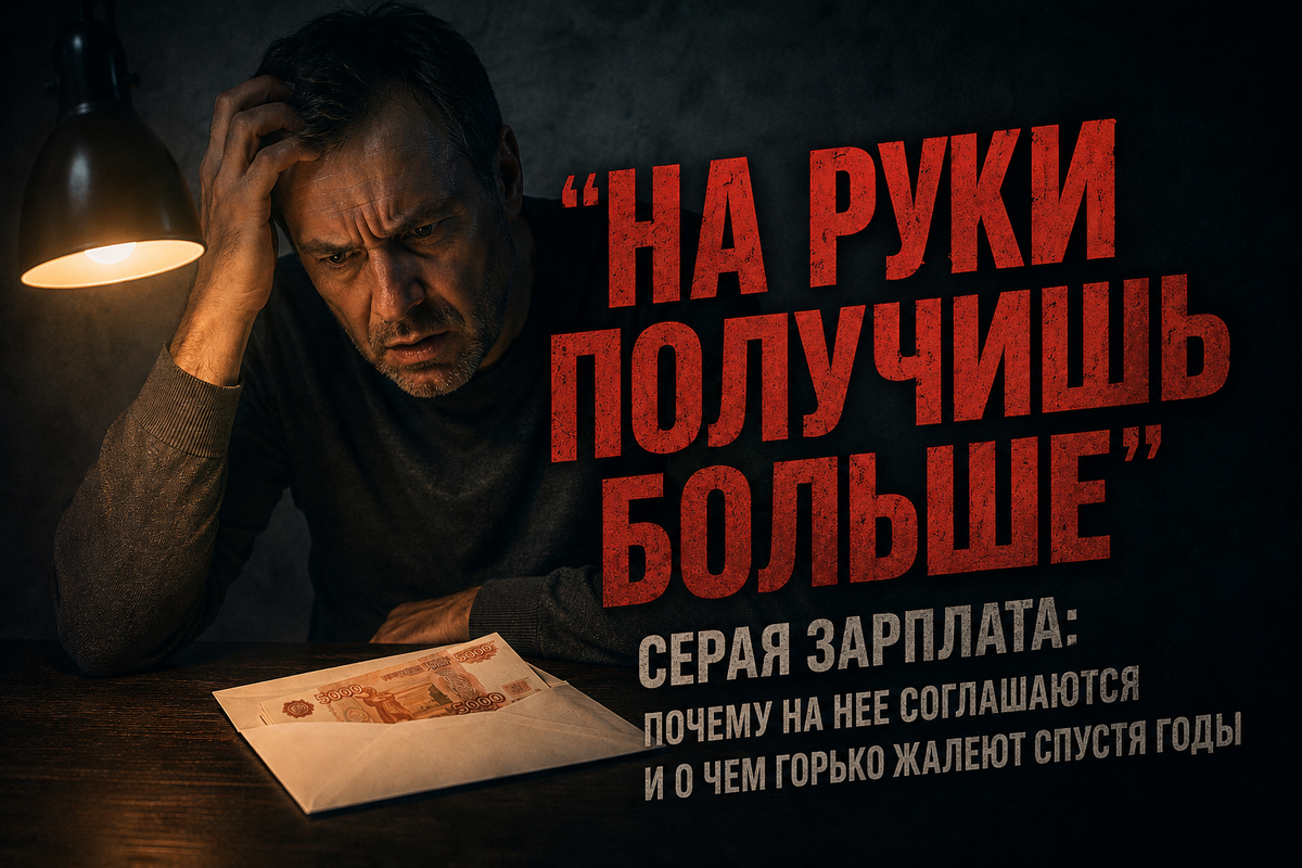 Мужчина с тревогой смотрит на конверт с деньгами на столе. Серая зарплата и скрытые риски неофициального дохода.