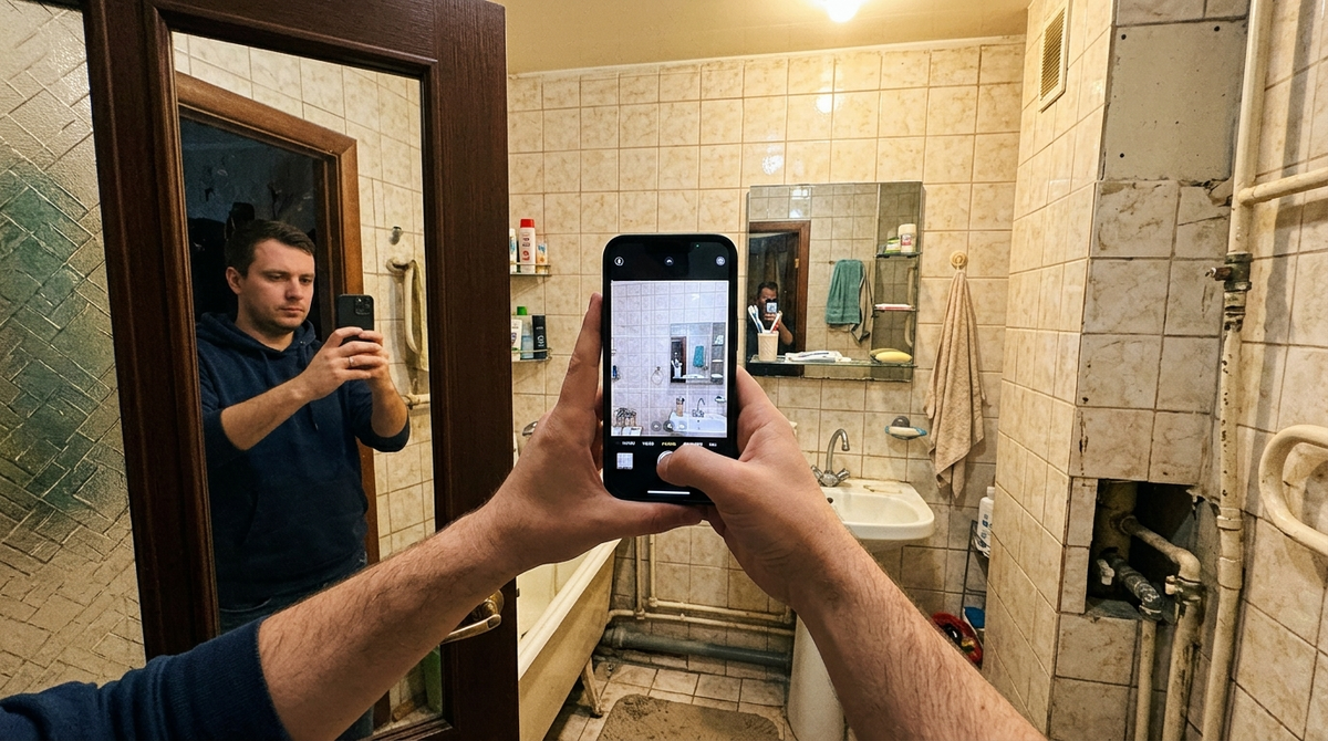   Сфоткал ванную как есть — со старой плиткой и коробом — и загрузил снимок для примерки Михаил Юрьевич