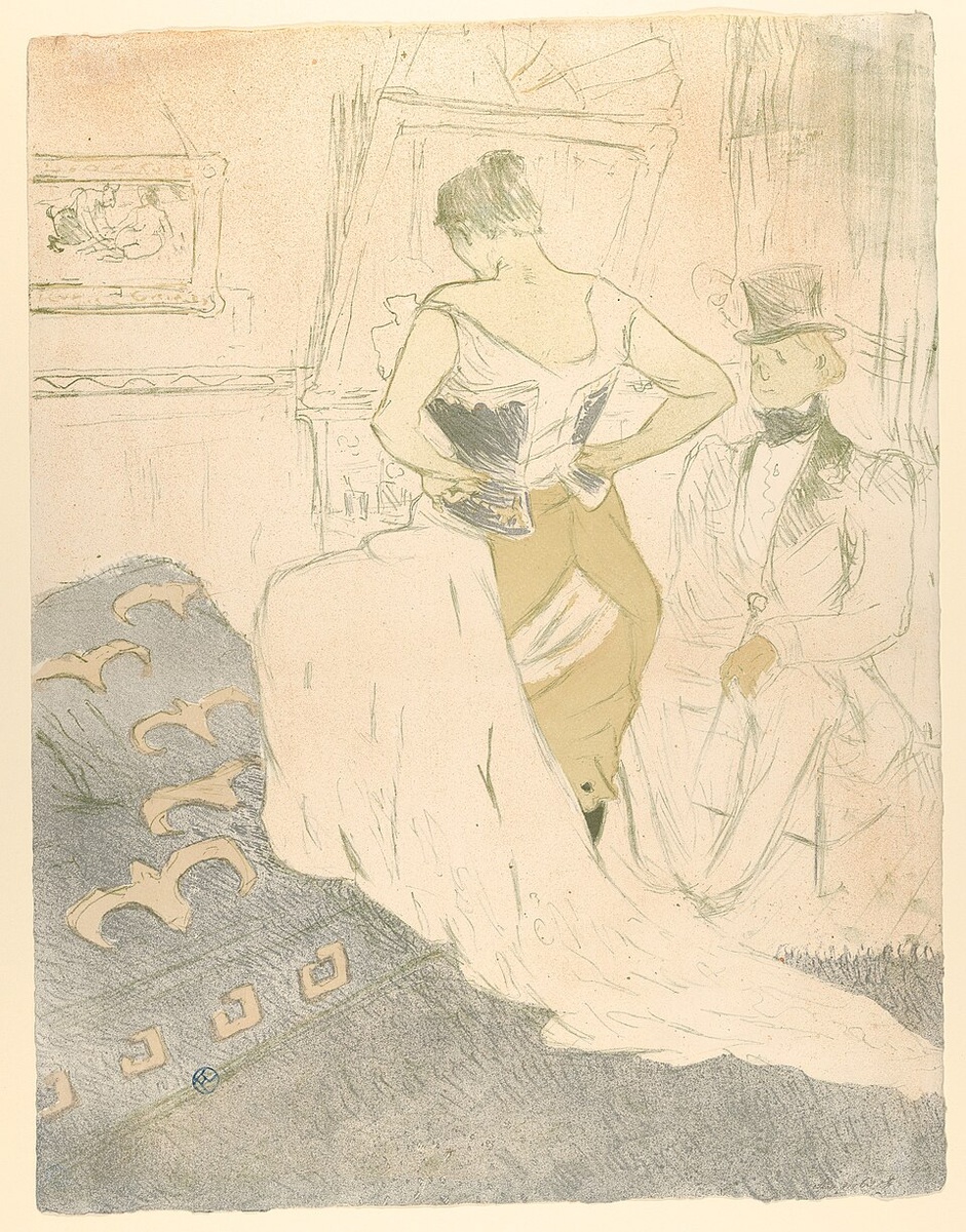 Застегивание корсета, автор рисунка Henri de Toulouse-Lautrec, 1896 год. Public Domain, via Wikimedia Commons
