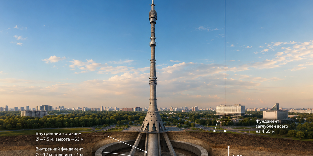 Останкинская башня стоит на фундаменте всего 4,6 метра. Почему она не падает