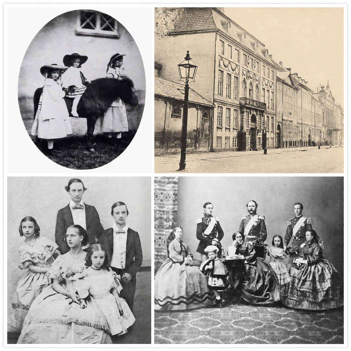 1. Детская фотография Александры. Будущая королева ещё в кругу семьи — не принцесса Уэльская, а девочка из сравнительно скромного датского дома Глюксбургов (крайня справа). 2. Жёлтый дворец в Копенгагене. Место рождения Александры. Именно здесь 1 декабря 1844 года начался путь девушки, которой предстояло стать королевой Великобритании.3. На семейном снимке — дети будущего Кристиана IX. Среди братьев Александры — Фредерик, будущий король Дании, и Вильгельм, будущий король Греции Георг I. 4. Принц Кристиан, принцесса Луиза и их дети — семья, которую позднее назовут одной из самых влиятельных династических семей Европы.