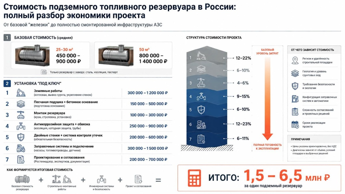 Во что обойдётся строительство подземных топливных резервуаров. Инфографика ForPost / сгенерирована AI