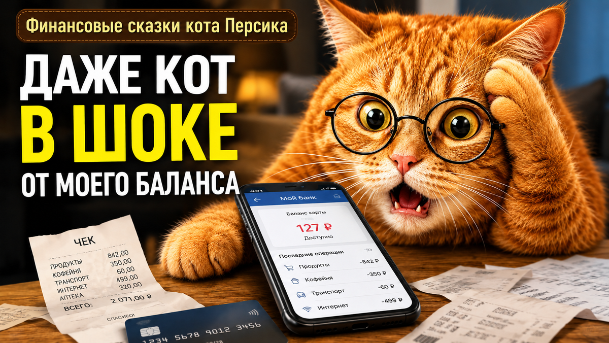 Персик просто хотел посмотреть, пришла ли зарплата. Но увидел баланс карты, чеки, расходы на продукты, коммуналку, кофе и транспорт — и впервые в жизни перестал мурчать.