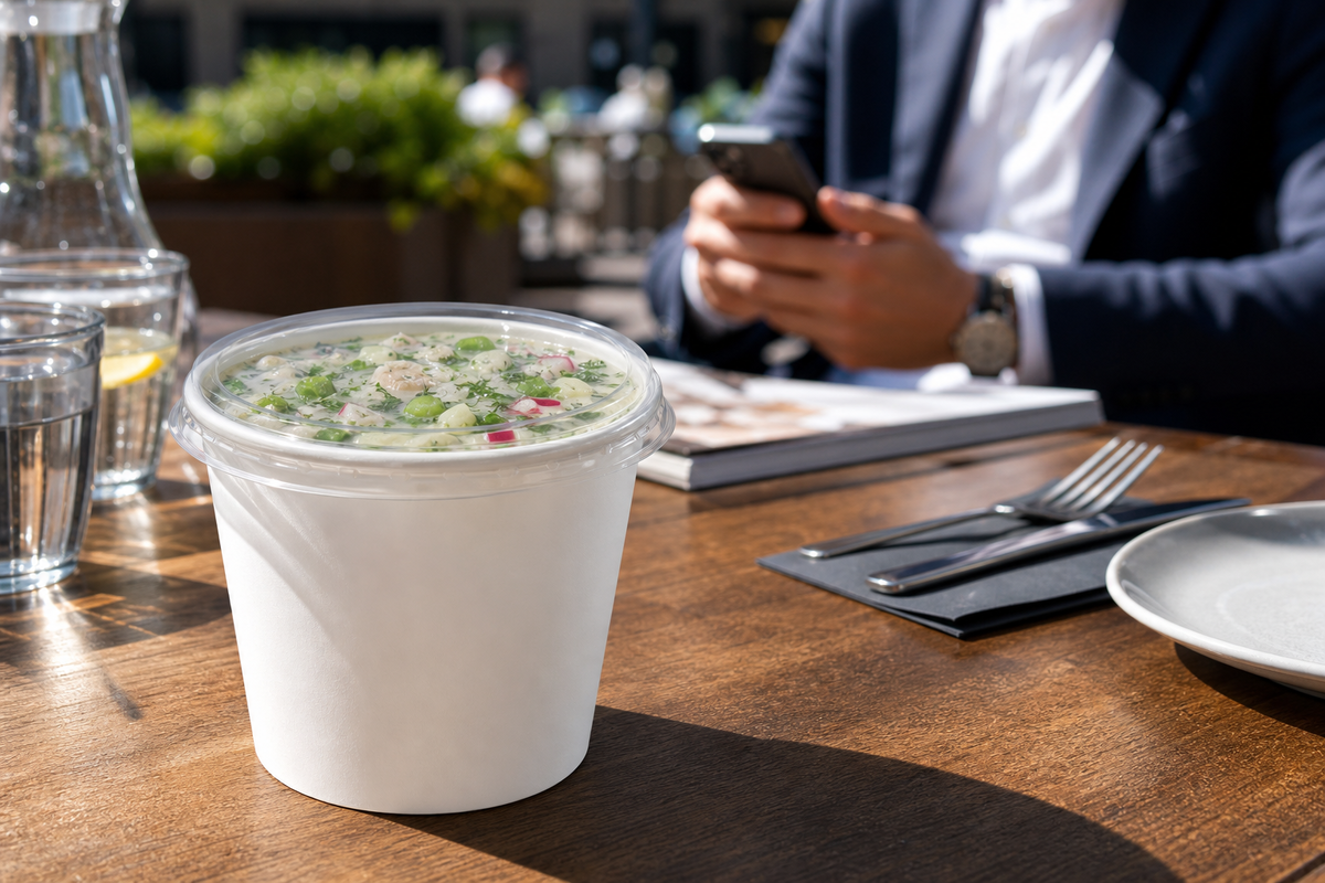 Контейнеры Soup комплектуются плотными крышками, которые исключают разлив продукта при доставке курьером. Прозрачные крышки дают идеальный обзор на ваше первое блюдо. Подробнее - на сайте: https://green-ant.ru/catalog/plastikovaya-kryshka-dlya-supnits-green-ant-kraft-white-240-350-ml-d90-mm_77-02003.html
